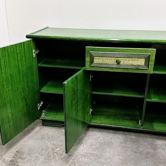 Mid-Century Modern Vintage Green Lacquered Sideboard with Woven Cane Panels, Italy, 1980s For Sale - Image 3 of 15