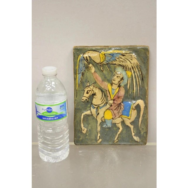 Antique Persian Iznik Qajar Style Ceramic Pottery Green Tile Phoenix Rider C4 (B). Item features original crackle glazed...