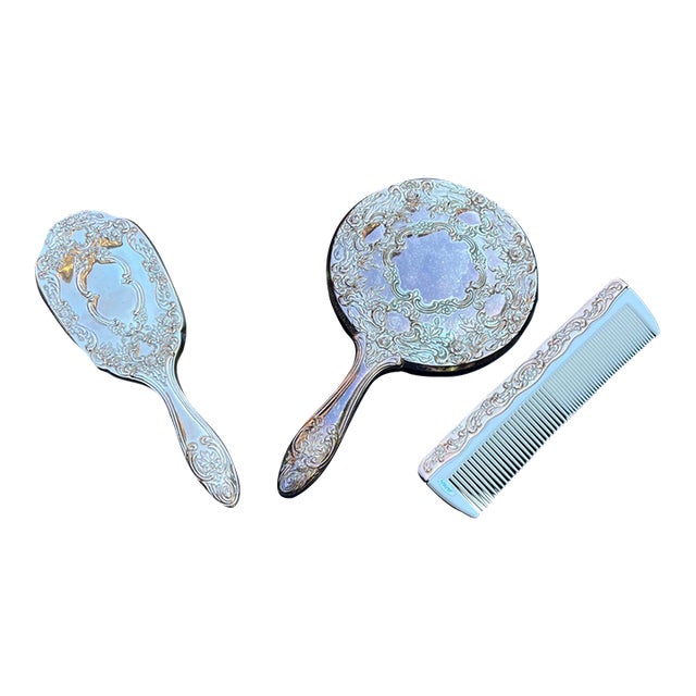 Trio Vintage Silver Plated Vanity Set- Hand Held Mirror, Brush, and Comb For Sale