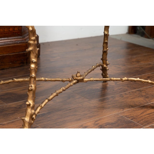 Pair of Midcentury Gilt Bronze Glass Tops Console Tables with Faux Bois Motifs For Sale - Image 10 of 12