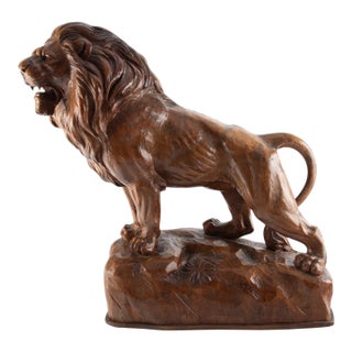 Majesty Carved in Wood: 20th C. Lion Sculpture By P. Trauffer, 17" High For Sale