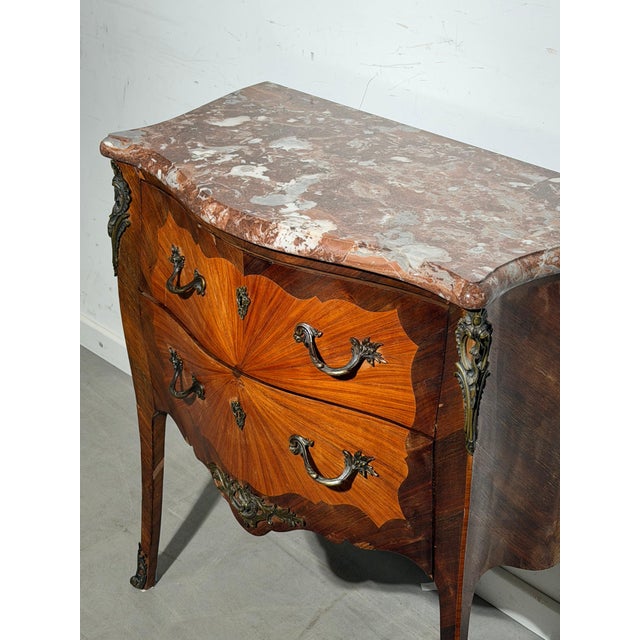 Antique French Louis XV Style Marquetry Commode with Marble Top For Sale - Image 4 of 6