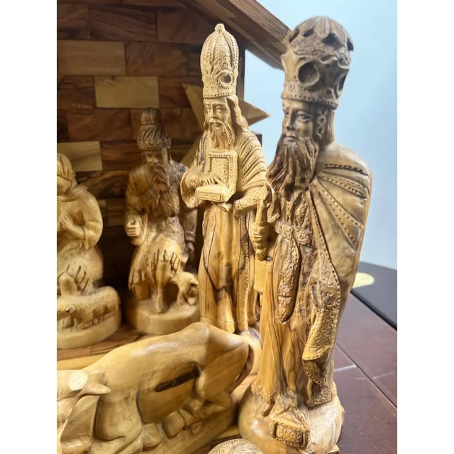 Religious Hand Carved Olive Wood Nativity Set With Stable, Holy Family, Wise Men For Sale - Image 17 of 18