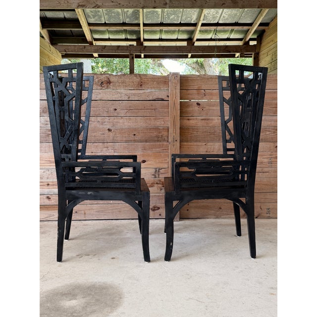 Chinoiserie GuildMaster Chinoiserie Black Wood Geometric Fretwork High Back Armchairs – Pair For Sale - Image 3 of 12