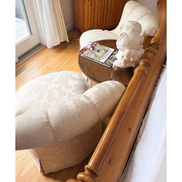 Custom Scallop Backed, Skirted Slipper Chairs in Cloud Dancer Damask, a Pair For Sale - Image 18 of 18