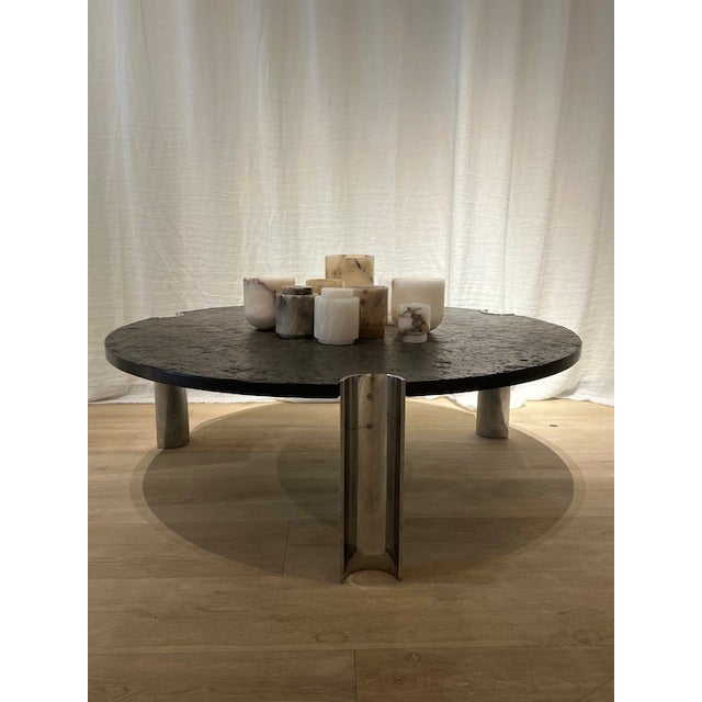 Mid-Century Limestone and Chrome Coffee Table with Fossils, c. 1970s. This rare and attractive table consists of sleek,...