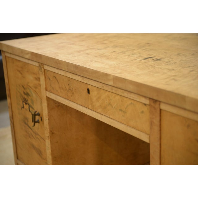 English Desk in Birch Burl with Bee Motif Marquetry, 1950s For Sale - Image 9 of 14