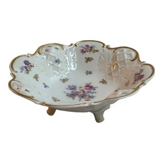1970s Reichenbach Germany 11" Diameter Footed Floral Gold Trim Reticulated Dish For Sale