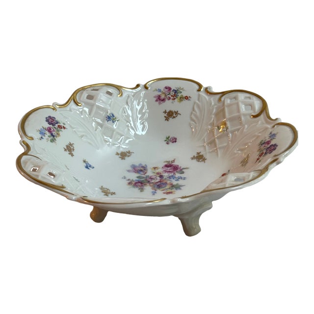 1970s Reichenbach Germany 11" Diameter Footed Floral Gold Trim Reticulated Dish For Sale