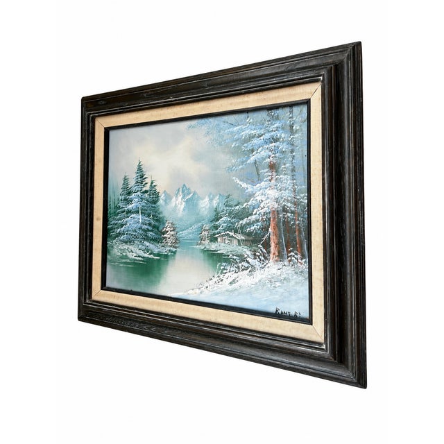Signed Winter Mountain Lake and Cabin Painting in Dark Wood Frame For Sale - Image 4 of 7