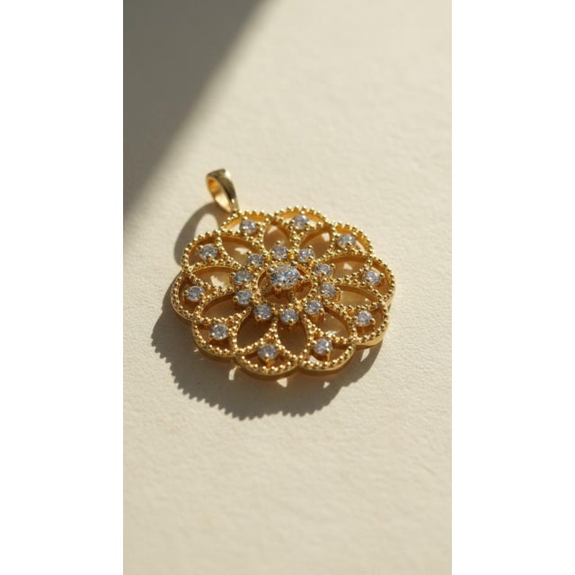 Gemstone 14k Gold Floral Pattern Openwork Pendant. For Sale - Image 7 of 10