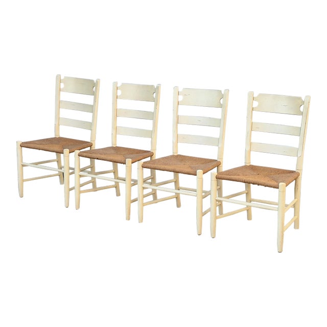 1990s Ethan Allen French Country Pine Ladder Back Rush Seat Dining Chairs, Set of 4 For Sale