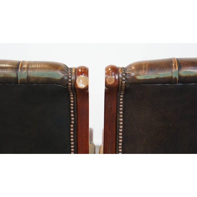 Set of Set of Vintage English Chesterfield Armchairs in Green Cowhide and Wood For Sale - Image 14 of 15