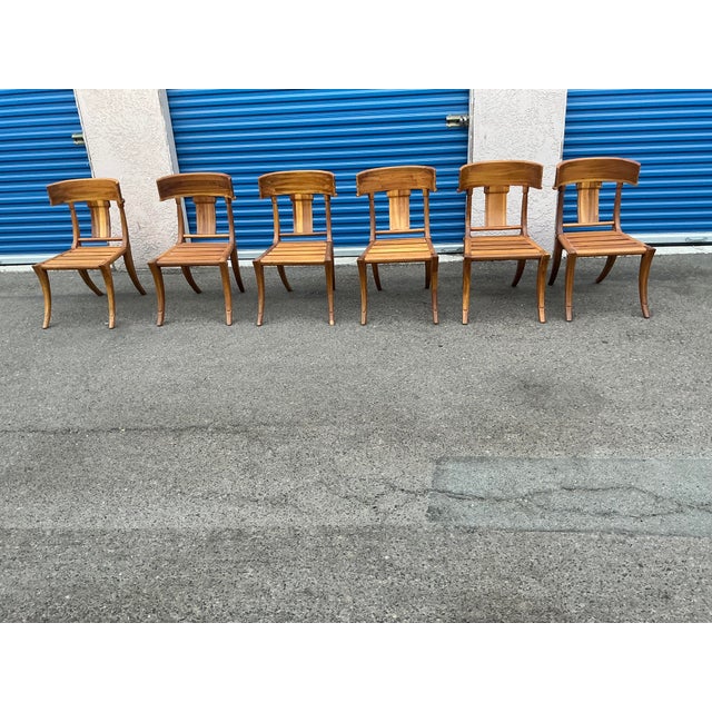 Teak Klismos Patio Dining Chairs. - Set of 6 For Sale - Image 4 of 17