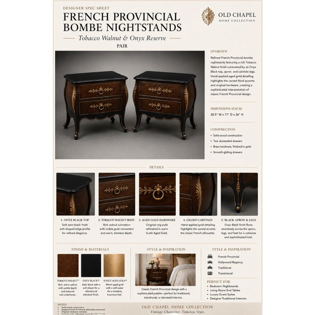 A beautifully refinished pair of French Provincial bombe nightstands featuring the Old Chapel Tobacco Walnut & Onyx...