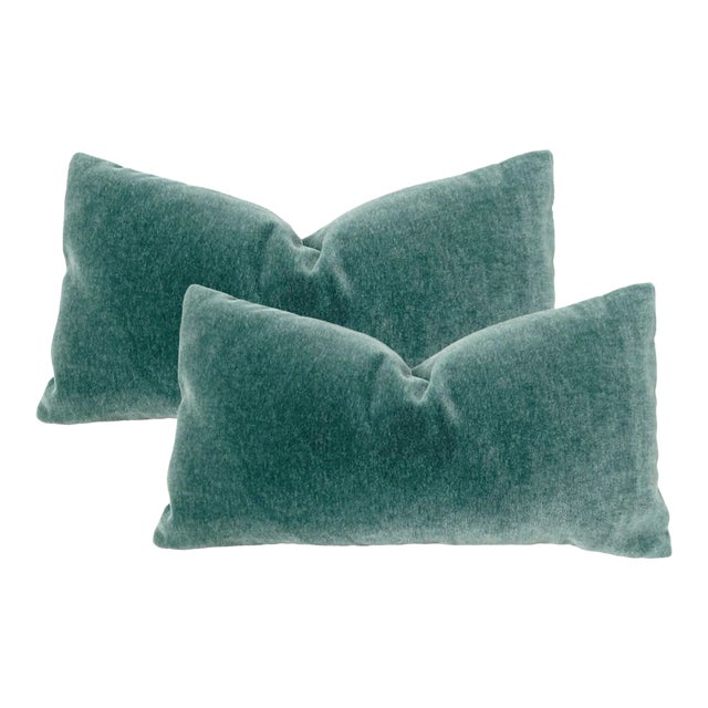 Genuine Teal Mohair Lumbar 12" X 18" Pillows - a Pair For Sale