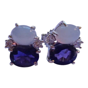 Mini Mini GUM DROP™ Earrings with Cabochon Chalcedony and Iolite and Diamonds - A Pair