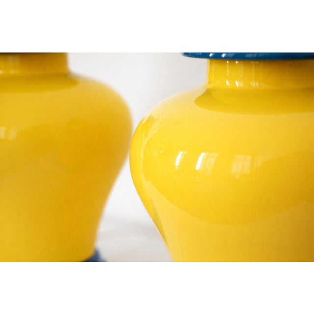 French Yellow and Cobalt Blue Glazed Ceramic Table Lamps, 20th Century, Set of 2 For Sale - Image 10 of 11