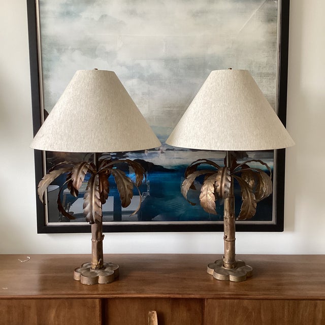 Wood 1970s Niermann Weeks Attributed Gilt Palm Tree Lamps – Fully Restored - a Pair For Sale - Image 7 of 8