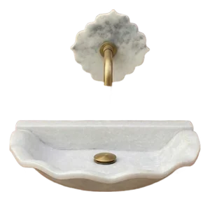 Contemporary Scalloped Rajnagar White Marble Wall Mount Sink in Honed White Finish