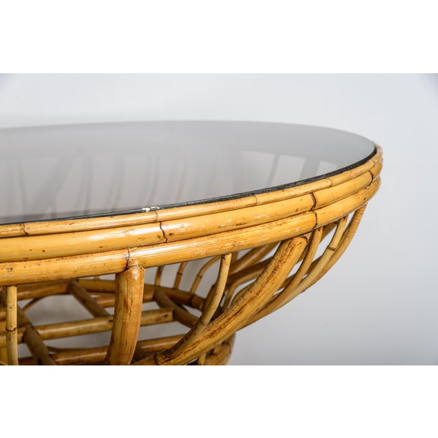 Hollywood Regency Mid Century Bamboo Rattan Center Table, Original Smoked Glass Top For Sale - Image 3 of 10