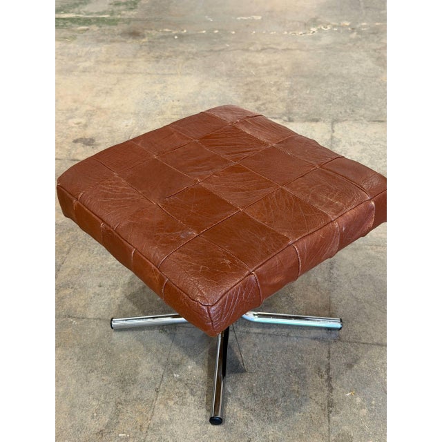 Chrome Square Patchwork Brown Leather Ottoman With Chrome Base Vintage Mid-Century Modern 1970s For Sale - Image 8 of 10
