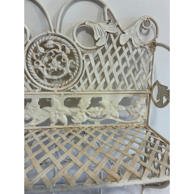 Mid-Century Modern Vintage White Wrought Iron Wall Shelf With Hooks, Ornate Lattice and Floral Detail For Sale - Image 3 of 14