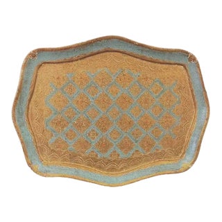 Italian Florentine Turquoise and Gold Painted Tray For Sale