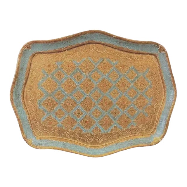 Italian Florentine Turquoise and Gold Painted Tray For Sale