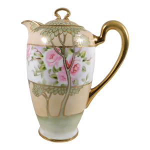 1940s Nippon Cream and Pale Green Chocolate Pot With Pink Flowers