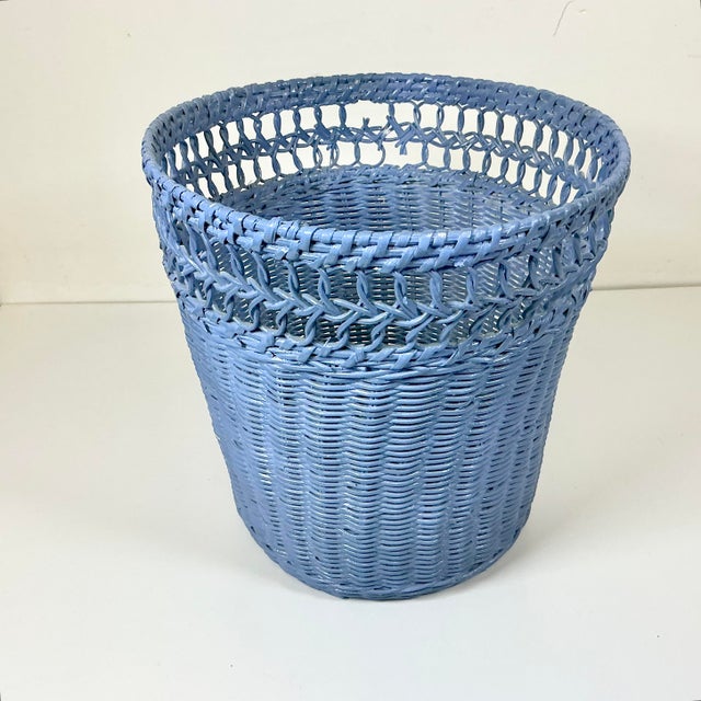 Mid-Century Boho Chic Coastal French Blue Wicker Wastebasket. For Sale - Image 4 of 11