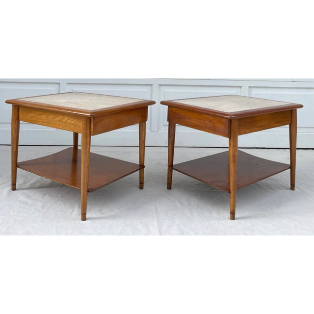 Pair of Lane Perception Weave Design and Travertine Side Table Nightstands For Sale - Image 10 of 13