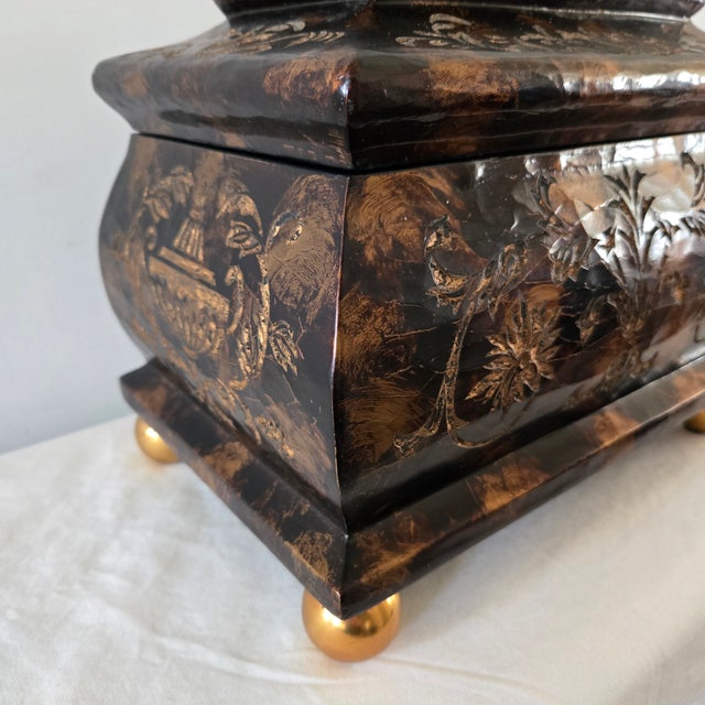 1980s Maitland Smith Ornate Hinged Mahogany Chest With Brass Ball Feet Leaf Finnial For Sale - Image 16 of 18