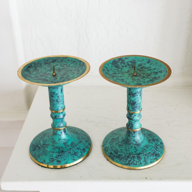 Contemporary Postmodern Teal Verdigris and Gold Pedestal Candle Holders For Sale - Image 3 of 10