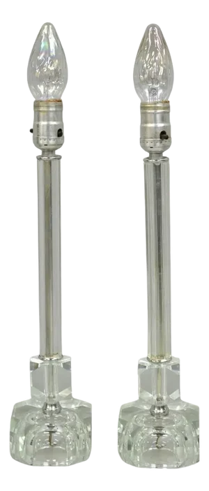 Vintage Art Deco Glass Column Candlestick Small Boudoir Vanity Bedroom Lamp Pair