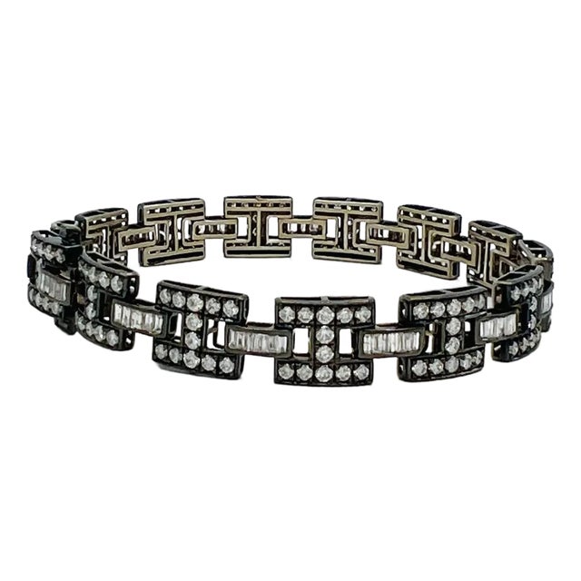 White Round Diamond & Baguette Bracelet in 14k White Gold & Black Rhodium For Sale