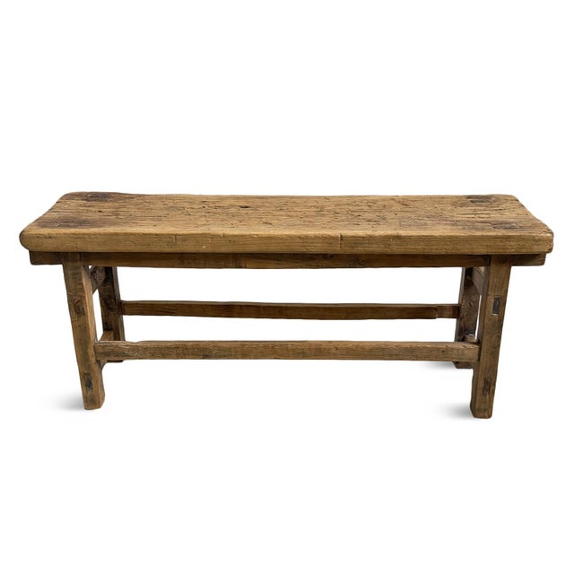 Mid 20th Century Vintage Rustic Elm Village Bench For Sale - Image 5 of 6