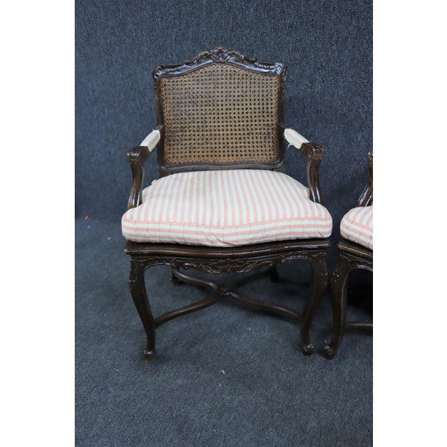 Louis XV Style Carved Walnut Caned Arm Chairs - a Pair For Sale - Image 4 of 8