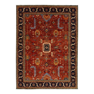 Room Sized Modern Serapi-Style Wool Rug in Rust- Red With Allover Floral Design For Sale