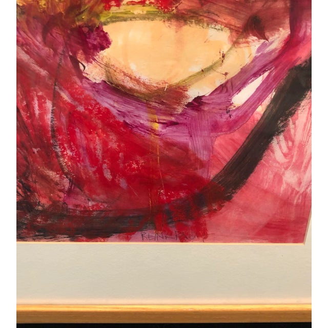 43” x 31” This large, bright, warm hued, abstract painting by, acclaimed artist Ellen Reinkraut, features a female nude in...