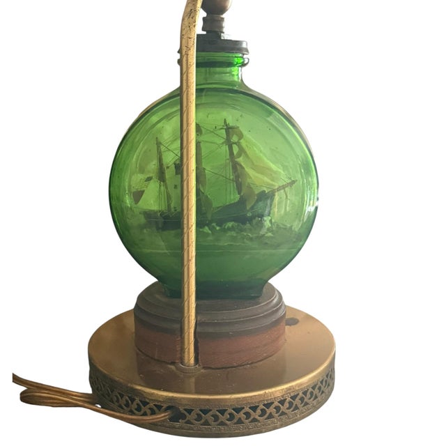 Wood Vintage Nautical Ship in a Bottle Table Lamp With Green Glass Maritime Diorama For Sale - Image 7 of 10