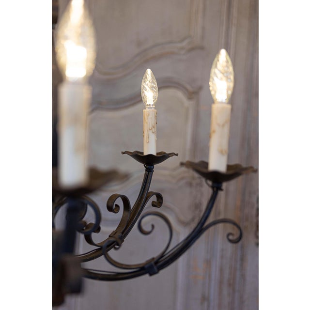 Black Mid 20th Century French Six Light Wrought Iron Chandelier with Cascading Scrolls, USA Wired For Sale - Image 8 of 10