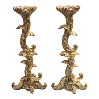 Vintage Italian Style Gilt Candlesticks Pillar Candle Holders - Pair For Sale