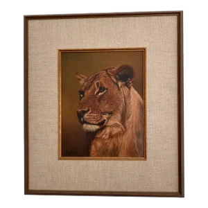 1970s Lion Oil Portrait Original Painting by Kiyoshi, Framed