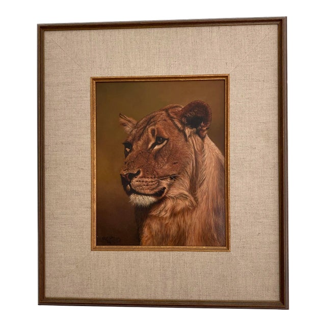 1970s-lioness-oil-portrait-original-painting-by-kiyoshi-framed-chairish