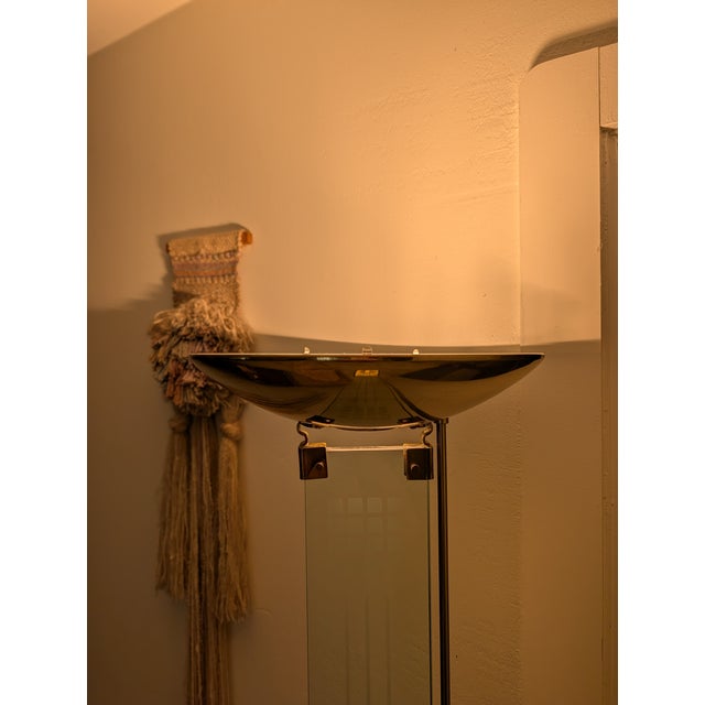 1980's Mid-Century Modern Glass & Brass Torchiere Floor Lamp For Sale - Image 9 of 11