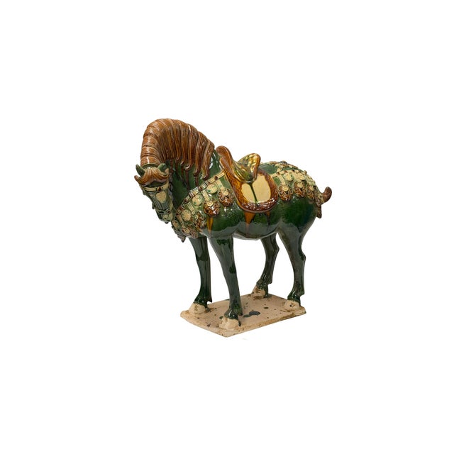 This magnificent glazed ceramic horse sculpture captures the classic vitality and majestic form of traditional Sancai-...