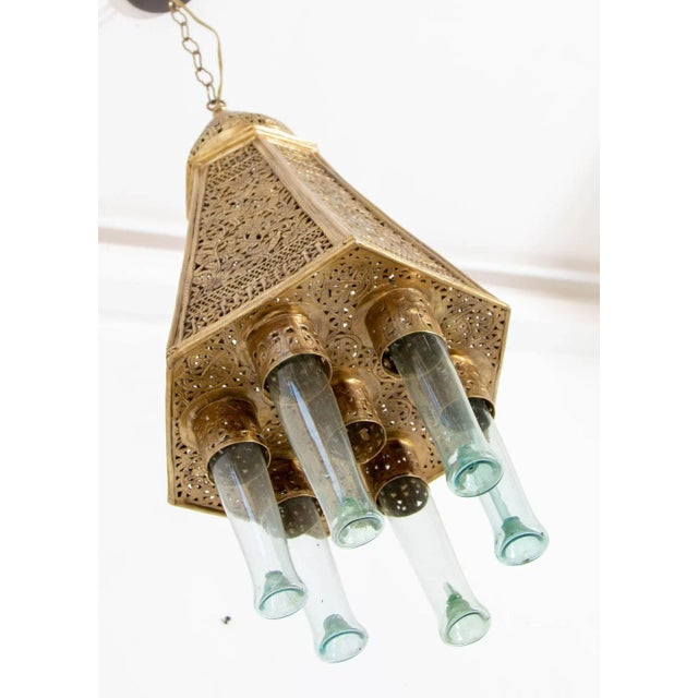 19th Century Egyptian Mamluk Revival Pierced Brass Mosque Hanging Lamp For Sale - Image 4 of 12