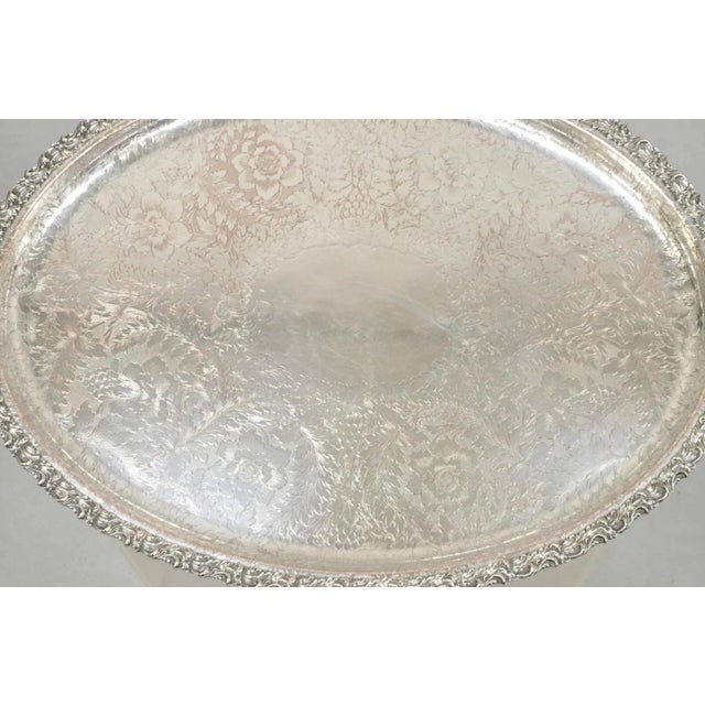 Victorian Antique English Victorian Silver Plated Repousse Oval Serving Platter Bar Tray For Sale - Image 3 of 12