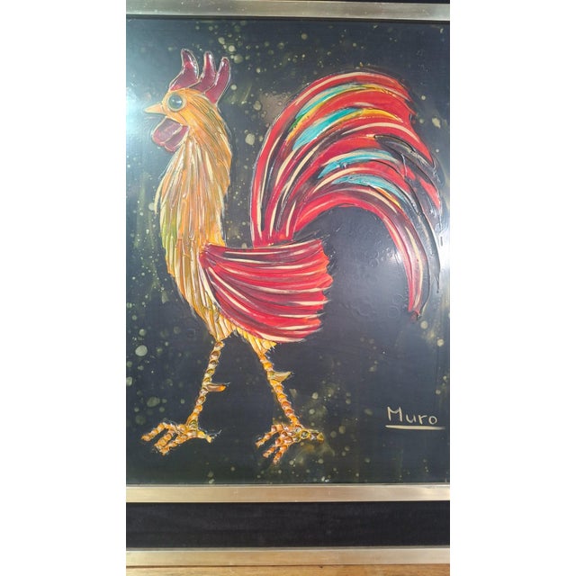 Original artwork depicting a stylized rooster in motion, created using a mixed media technique combining paint, colored...